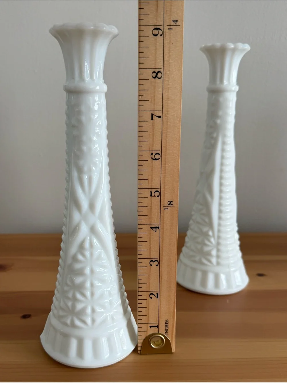 Vintage Milk Glass Bud Vases Set of 2 Starburst Scalloped 9”